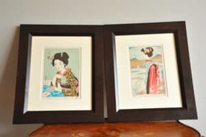 a pair of vintage japanese wood block prints