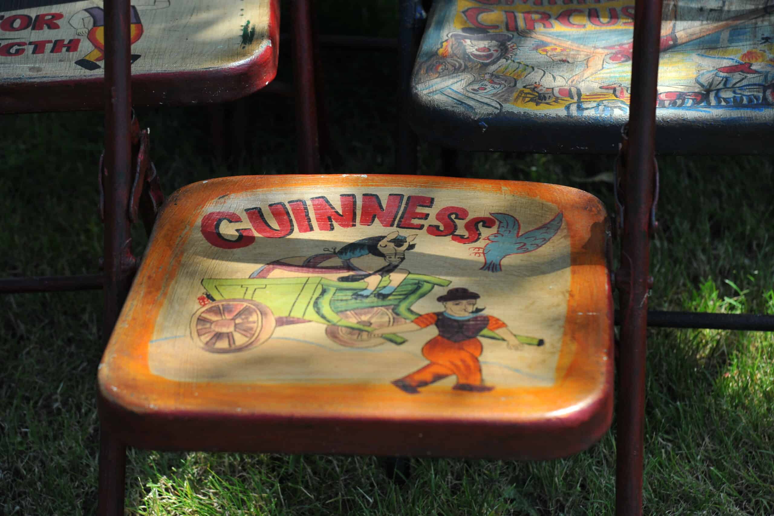 vintage folding advertising painted metal chairs