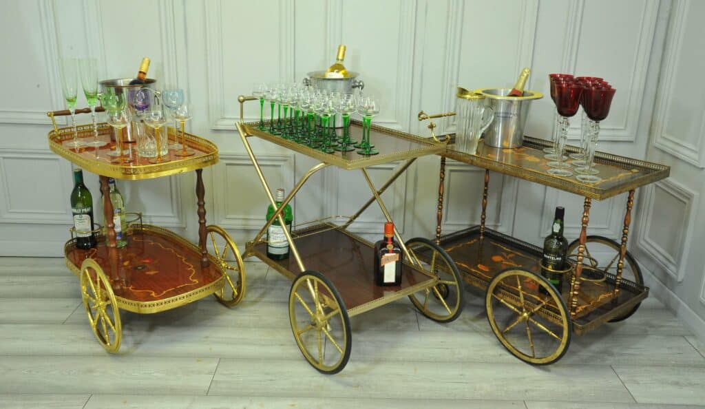 An image of vintage bar ware and bar carts and trolley's.